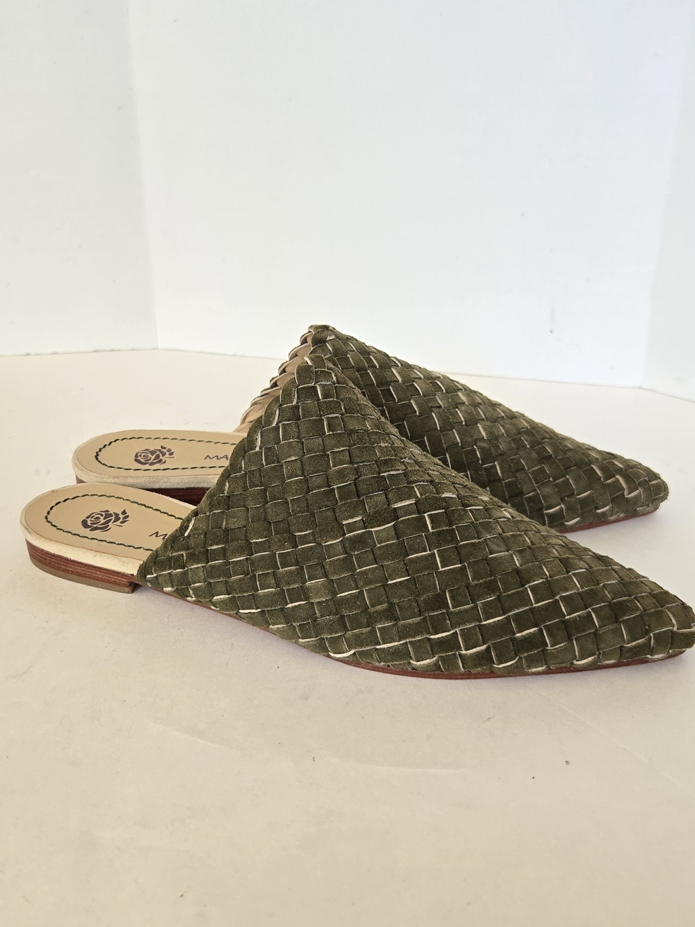 Maliparmi Olive Green Woven Pointed Mule Suede Leather